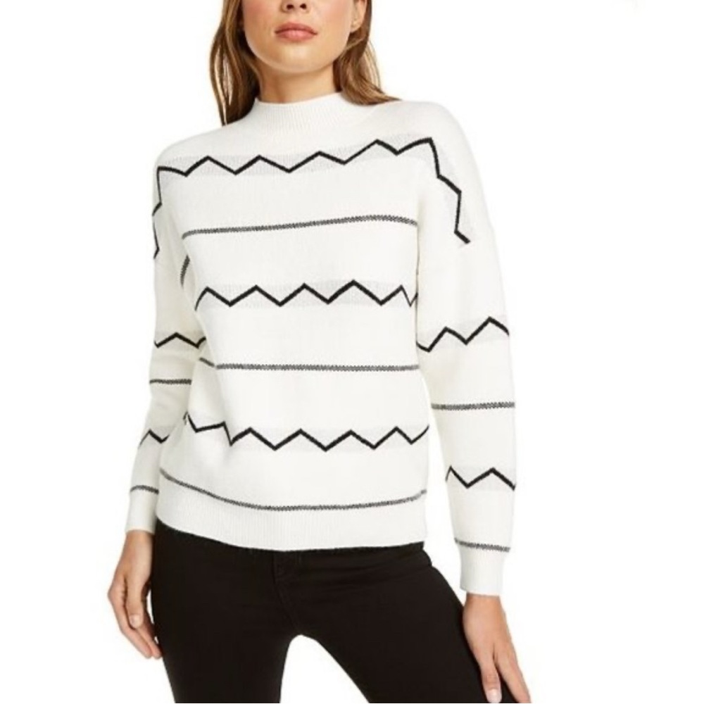 LOST + WANDER Women’s Sweater Mockneck Ivory Zig Zag Stripe Size Xs/S